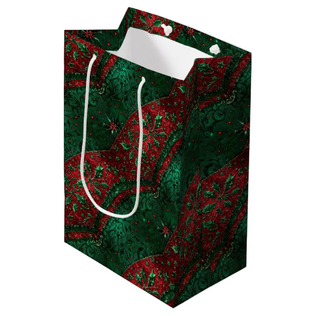 Opulent Ruby Red & Vivid Emerald Green Holly Medium Gift Bag (Front Angled)