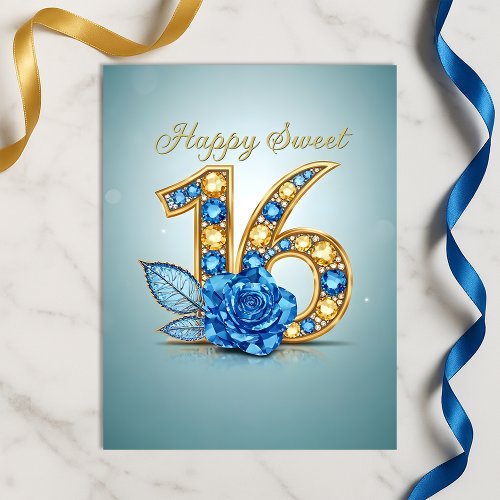 Opulent Sapphire Blue Crystal Rose Gold Sweet 16 Postcard