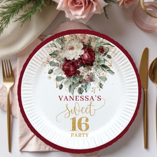 Opulent Sweet 16 Blush Burgundy Gold Plates