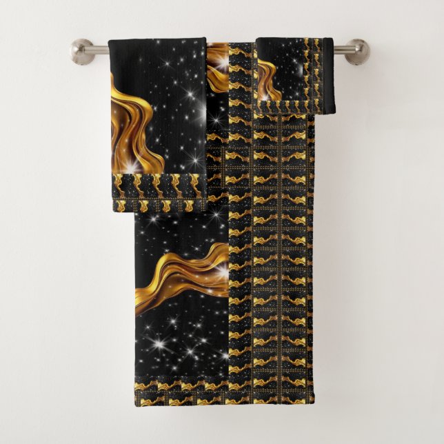Opulent Swirl Full Liquid Gold Black Monochrome Lx Bath Towel Set (Insitu)
