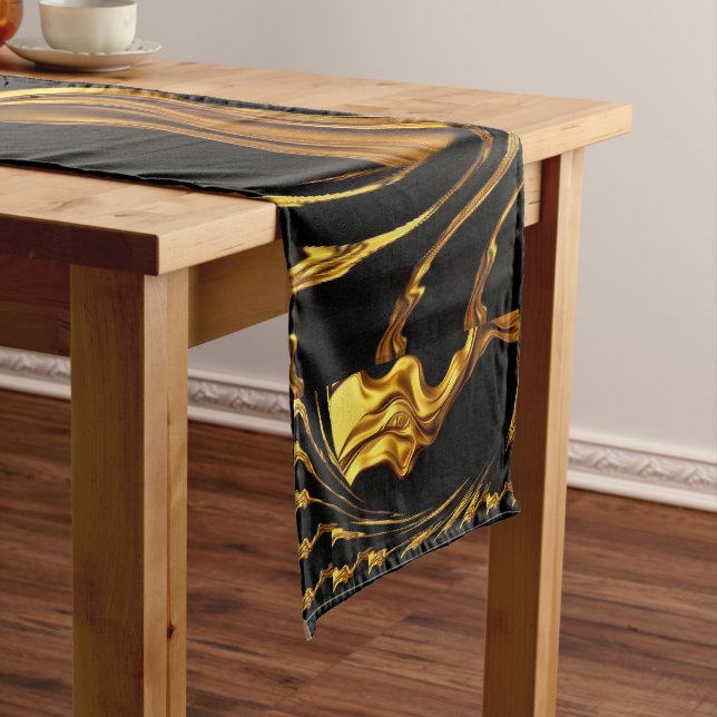 Opulent Swirl Liquid Gold Black Monochrom Designer Short Table Runner (In Situ)