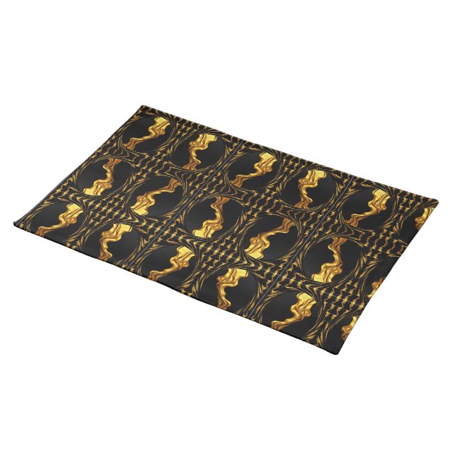 Opulent Swirl Liquid Gold Black Monochrome Achempo Cloth Placemat (On Table)