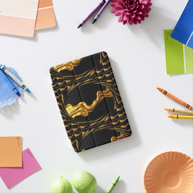 Opulent Swirl Liquid Gold Black Monochrome Christi iPad Mini Cover (In Situ)