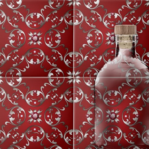 Opulent Victorian Scarlet Red and Silver Swirls  Ceramic Tile