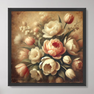 Opulent vintage spring tulips muted colors framed art