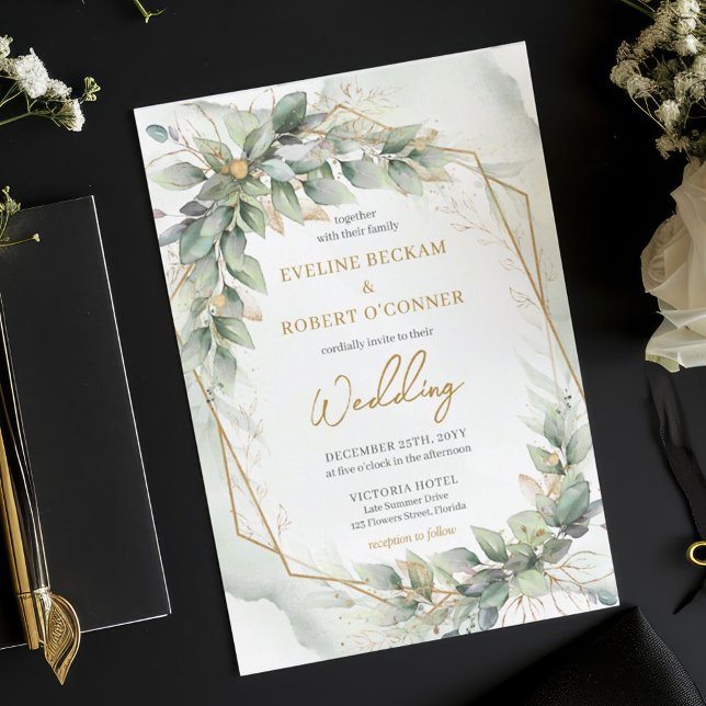Opulent watercolor green eucalyptus gold wedding invitation (Modern botanical greenery leaf gold frame wedding invitation digital)