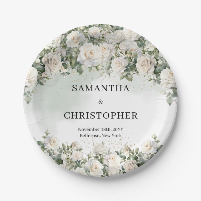 Opulent watercolor white roses green gold wedding paper plates (Front)