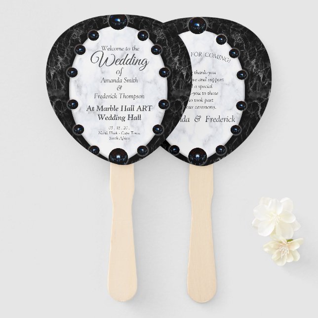 Opulent  White & Black Marble Spheres Hand Fan (Front and Back)