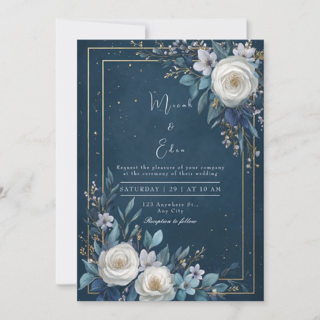 Opulent White Rose Gold Navy Blue Wedding Invitation (Front)