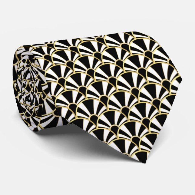 OPUS Art Deco Gold-White-Black Fan Neck Tie (Rolled)