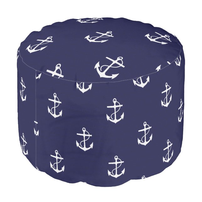 Opus Posh Anchor Nautical Fabric Round Pouf (Angled Back)