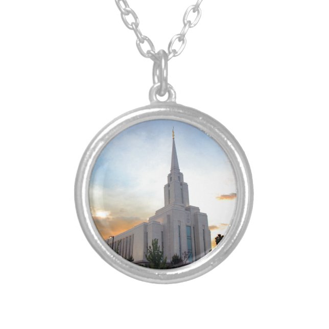 Oquirrh Mountain LDS Utah Temple sunset Silver Plated Necklace (Front)