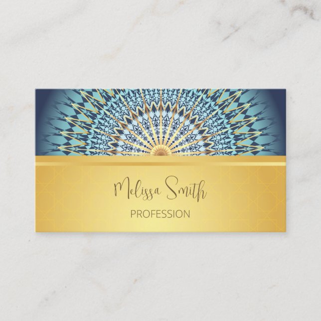 OR Code | Gold Blue Mandala Pattern Business Card (Front)