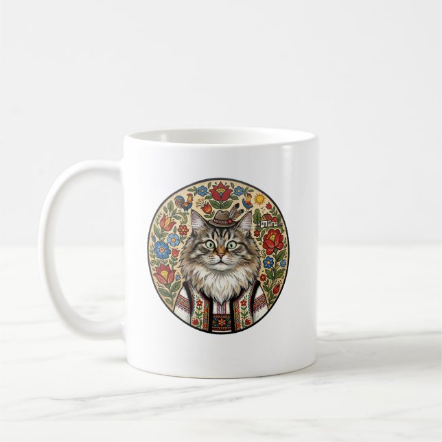 Oracle of Morning: Balkan Folk Art Siberian Cat Coffee Mug (Left)