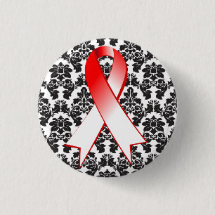 Oral Cancer Damask Red and White Ribbon Pinback Button