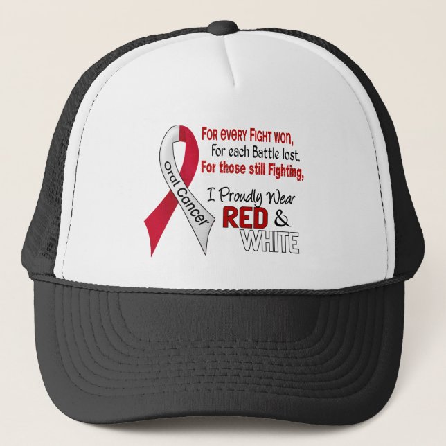 Oral Cancer I Proudly Wear Red and White 1 Trucker Hat (Front)