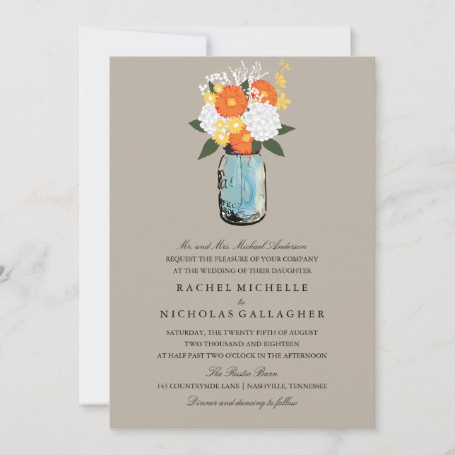 Oranage Yellow Citrus Bloom Mason Jar | Wedding Invitation (Front)