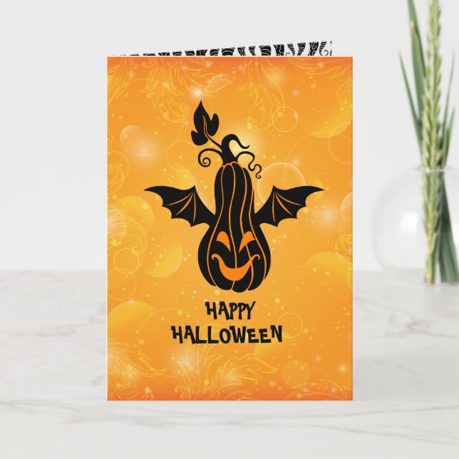 Orang & Black Happy Halloween Flying Pumpkin Card (Front)