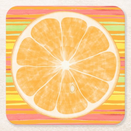 Orang Citrus Slice on Stripes Square Paper Coaster