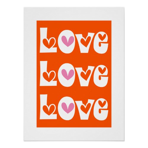 Orang retro LOVE typography with pink hearts Poster
