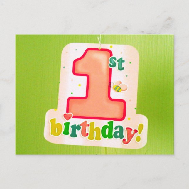 Orange 1st Birthday Tag on Green Door Postcard (Front)