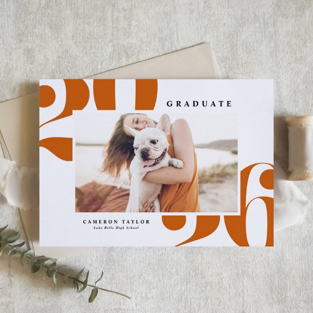Orange 2026 Bold Typography Photo Graduation Invitation (Customizable burnt orange photo graduation invitation featuring retro bold typography. )
