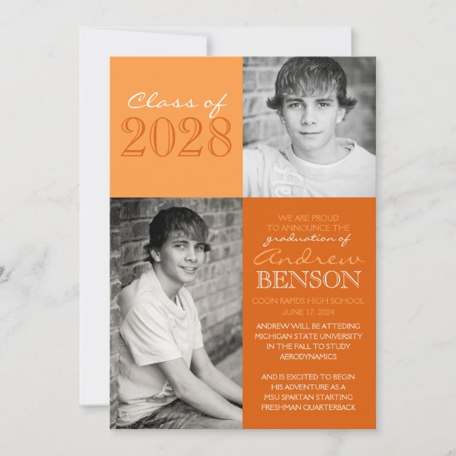 Orange 2 Toned 2 Photo Graduation Announcement (Front)