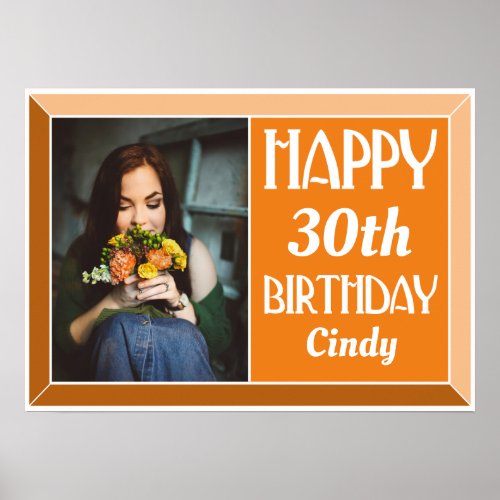 Orange 30th Art Deco Birthday Photo Poster