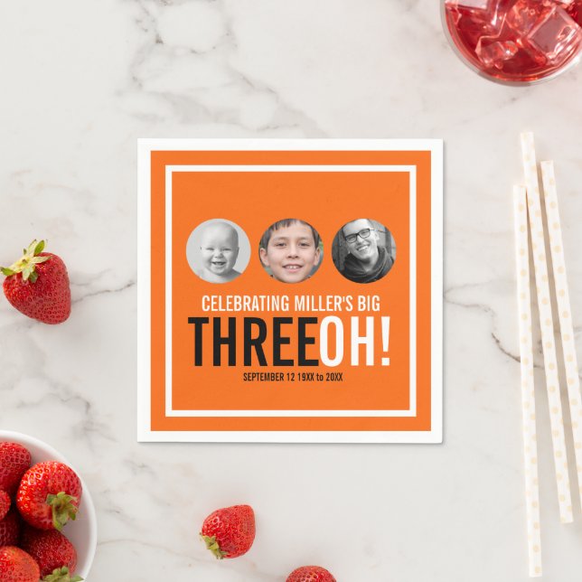 Orange 30th birthday big Three OH! custom photo  Napkins (Insitu)