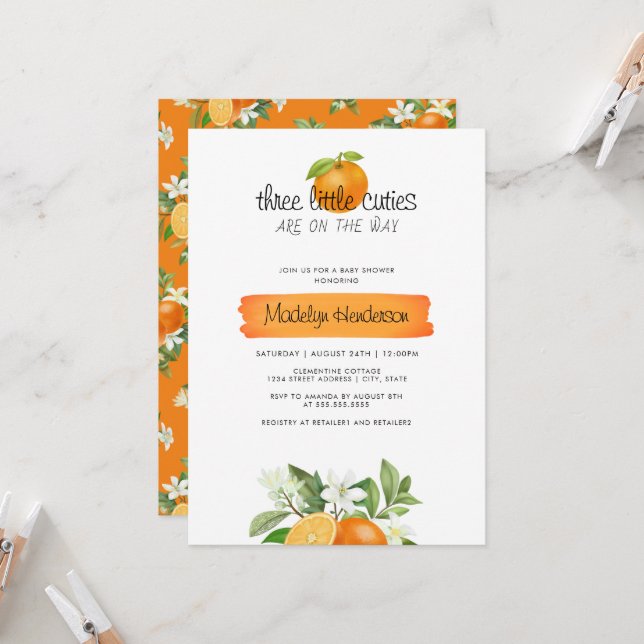 Orange 3 Little Cuties Triplets Baby Shower Invitation (Front/Back In Situ)