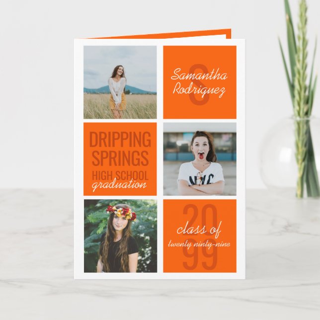 Orange 4-Photo Fun Boxes Graduation Invitation (Front)