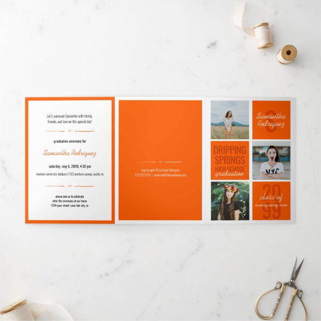 Orange 5-Photo Fun Boxes Graduation Tri-Fold Invitation (Outside)