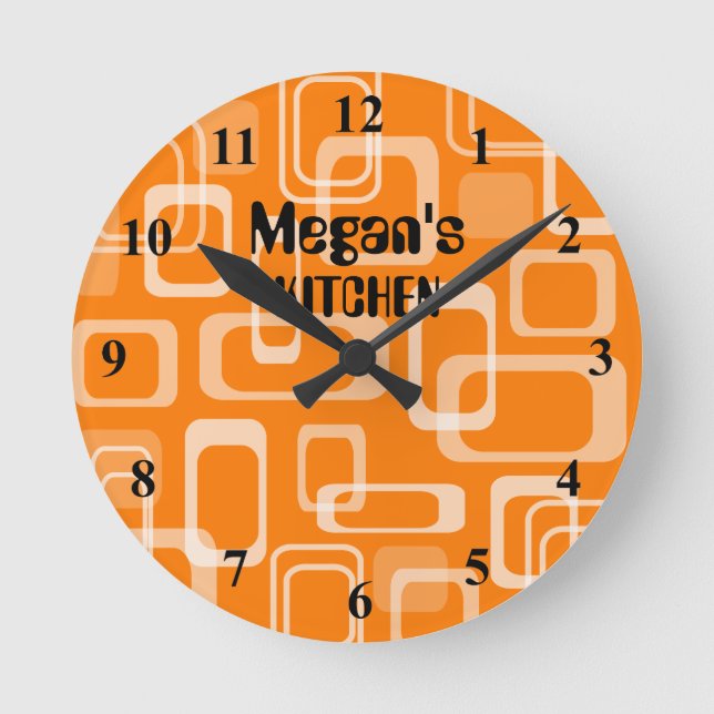 Orange 60's retro mod pattern kitchen wall clock (Front)