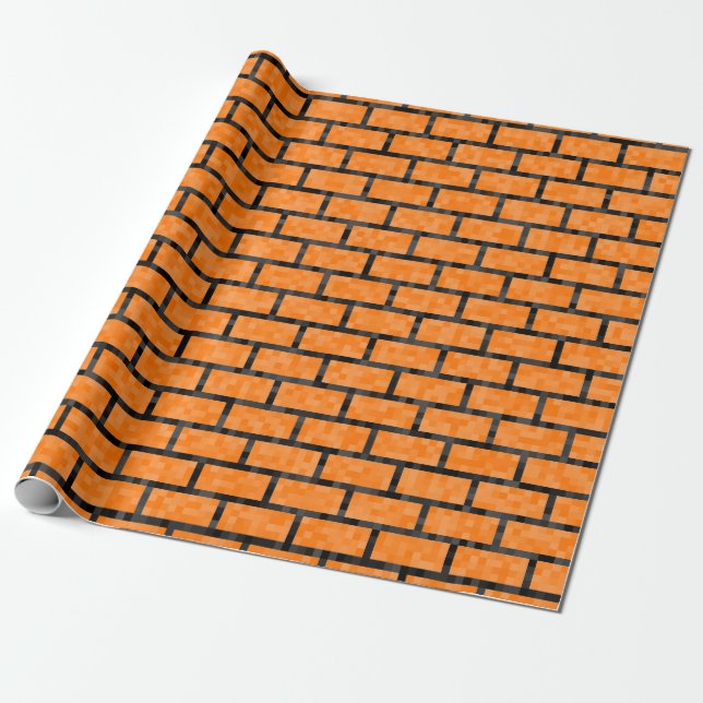 Orange 8-Bit Inspired Bricks Pattern Wrapping Paper (Unrolled)