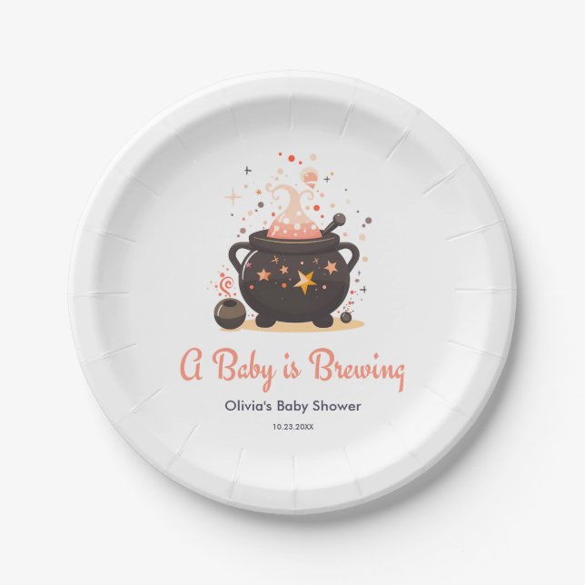 Orange A Baby is Brewing Halloween Baby Shower  Paper Plates (Front)