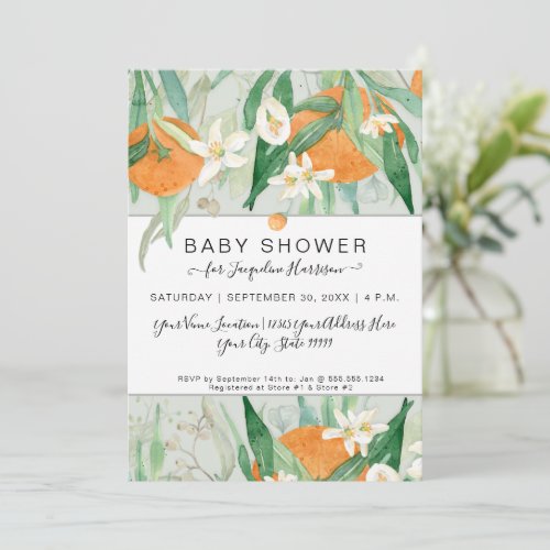 Orange a Little Cutie Watercolor Eucalyptus Shower Invitation