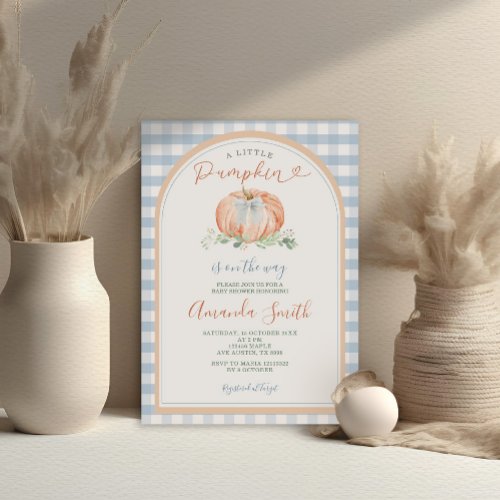 Orange A Little Pumpkin Blue Gingham Baby Shower Invitation