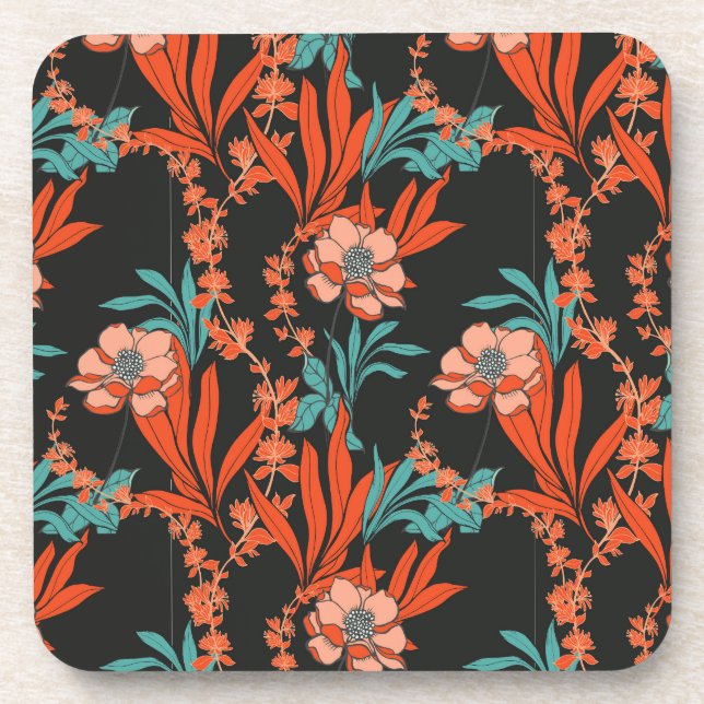 Orange Abstract Floral Pattern Beverage Coaster (Front)