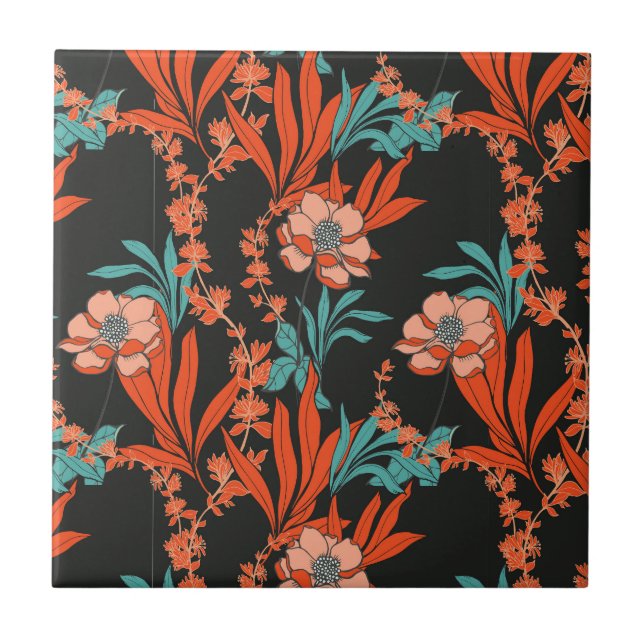 Orange Abstract Floral Pattern Ceramic Tile (Front)