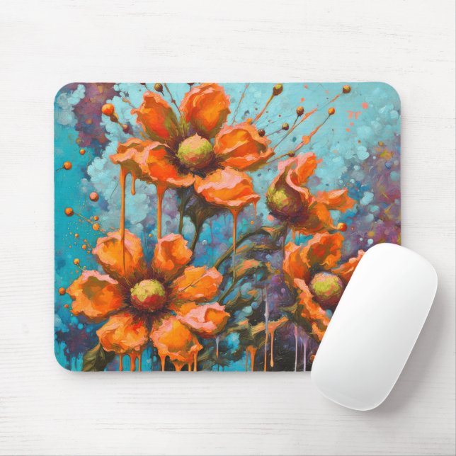 Orange Abstract Flower with Paint Drips Mouse Pad (With Mouse)