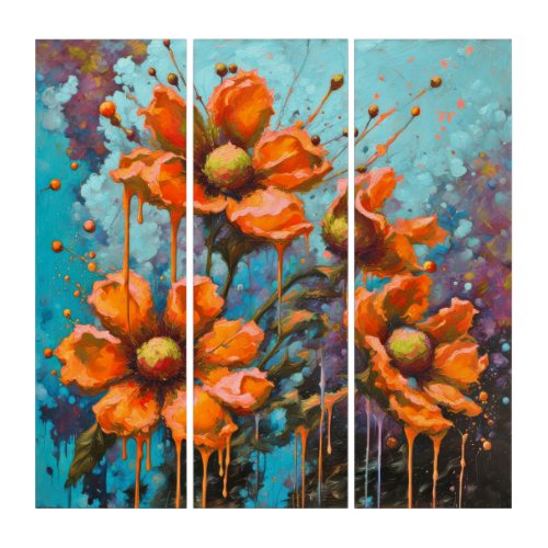 Orange Abstract Flower with Paint Drips Triptych