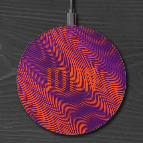    Orange Abstract Modern Moir Effect Custom Name Wireless Charger