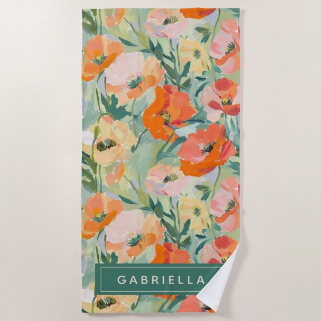 Orange Abstract Poppy Floral Personalized Beach Towel (Front)