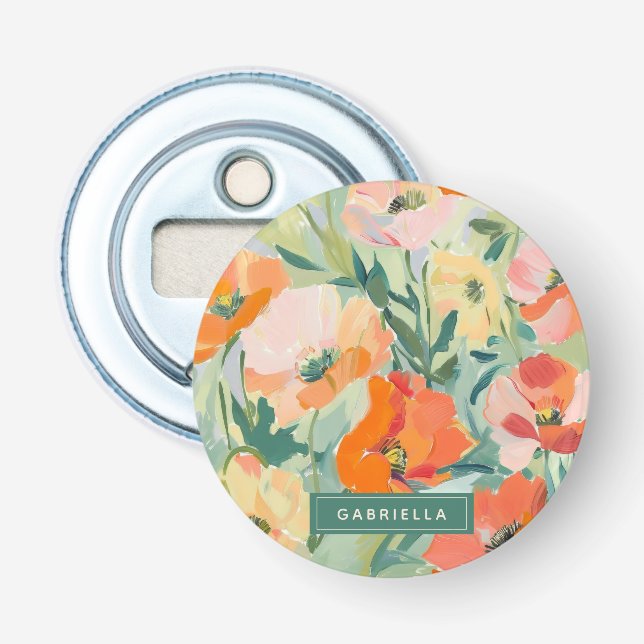 Orange Abstract Poppy Floral Personalized Bottle Opener (Front)