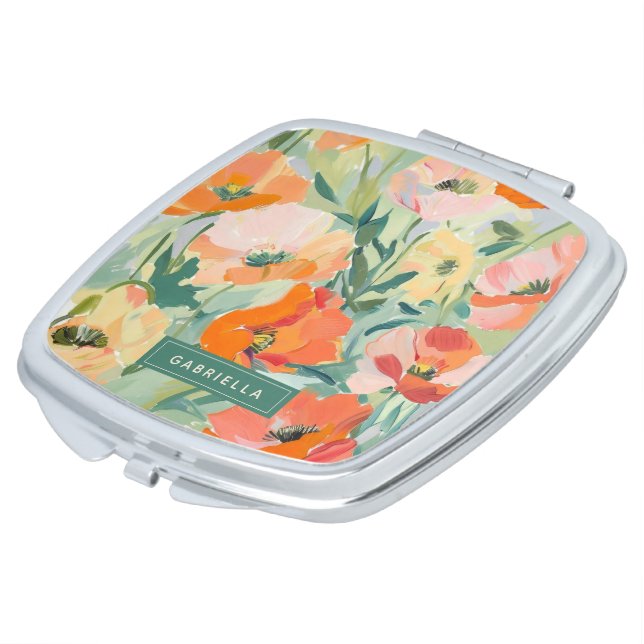 Orange Abstract Poppy Floral Personalized Compact Mirror (Turned)