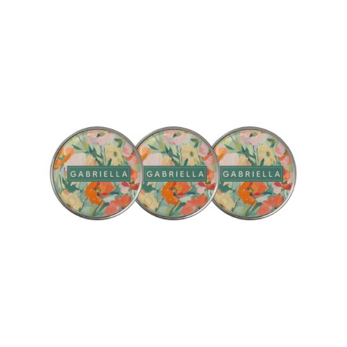 Orange Abstract Poppy Floral Personalized Golf Ball Marker