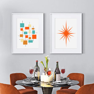 Orange Abstract Squares and Starburst Mid Century Wall Art Sets