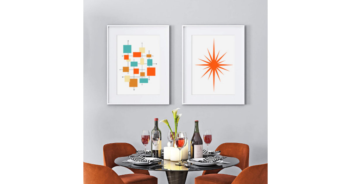Orange Abstract Squares and Starburst Mid Century Wall Art Sets | Zazzle