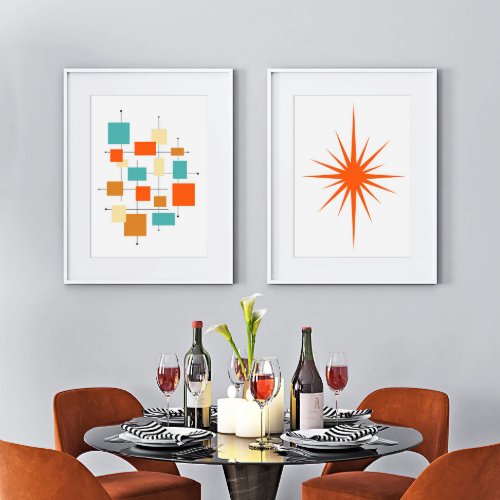 Orange Abstract Squares and Starburst Mid Century Wall Art Sets