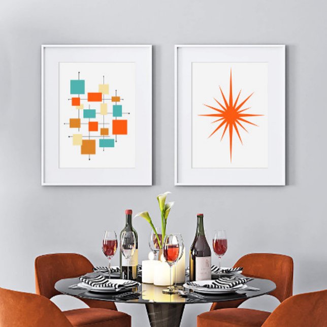 Orange Abstract Squares and Starburst Mid Century Wall Art Sets (Creator Uploaded)